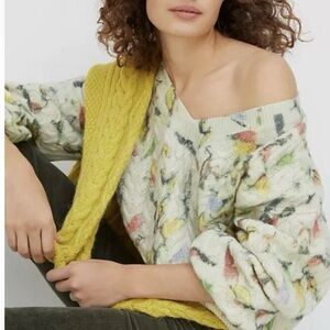 Anthropologie A+ Catch of the Day Bird Motif Cable Knit Sweater 3X Lambswool